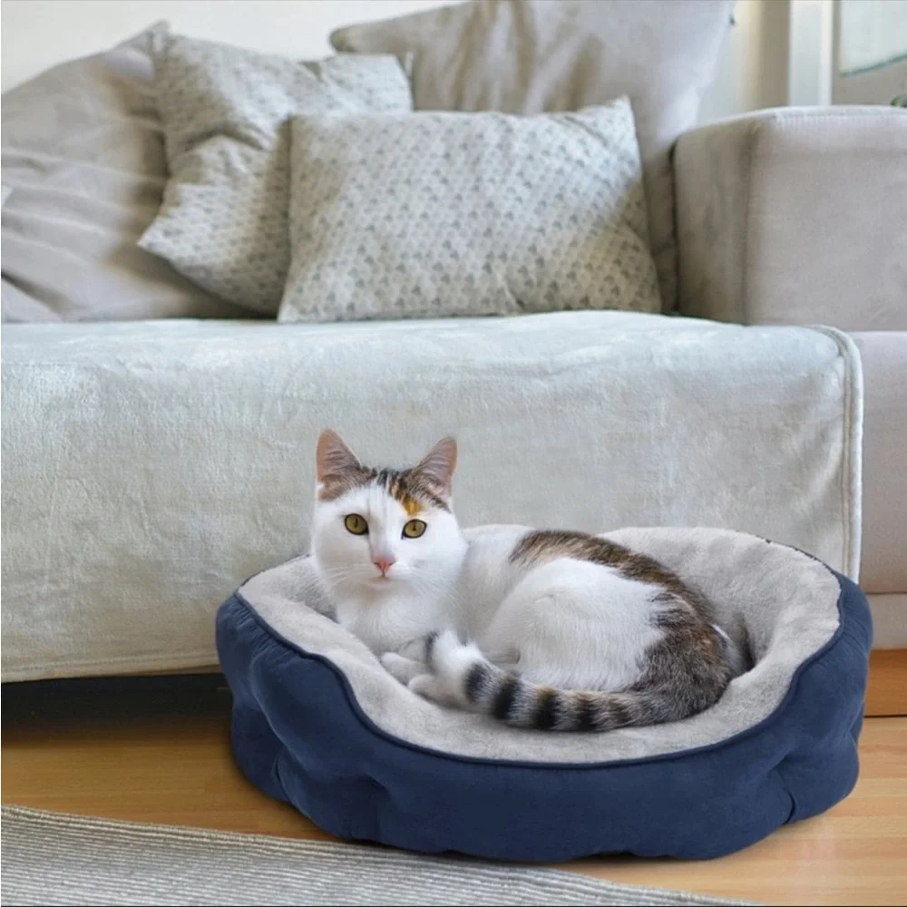PureWags Navy & Gray 20 Inch Round Washable Cat Bed with Non-Slip Base